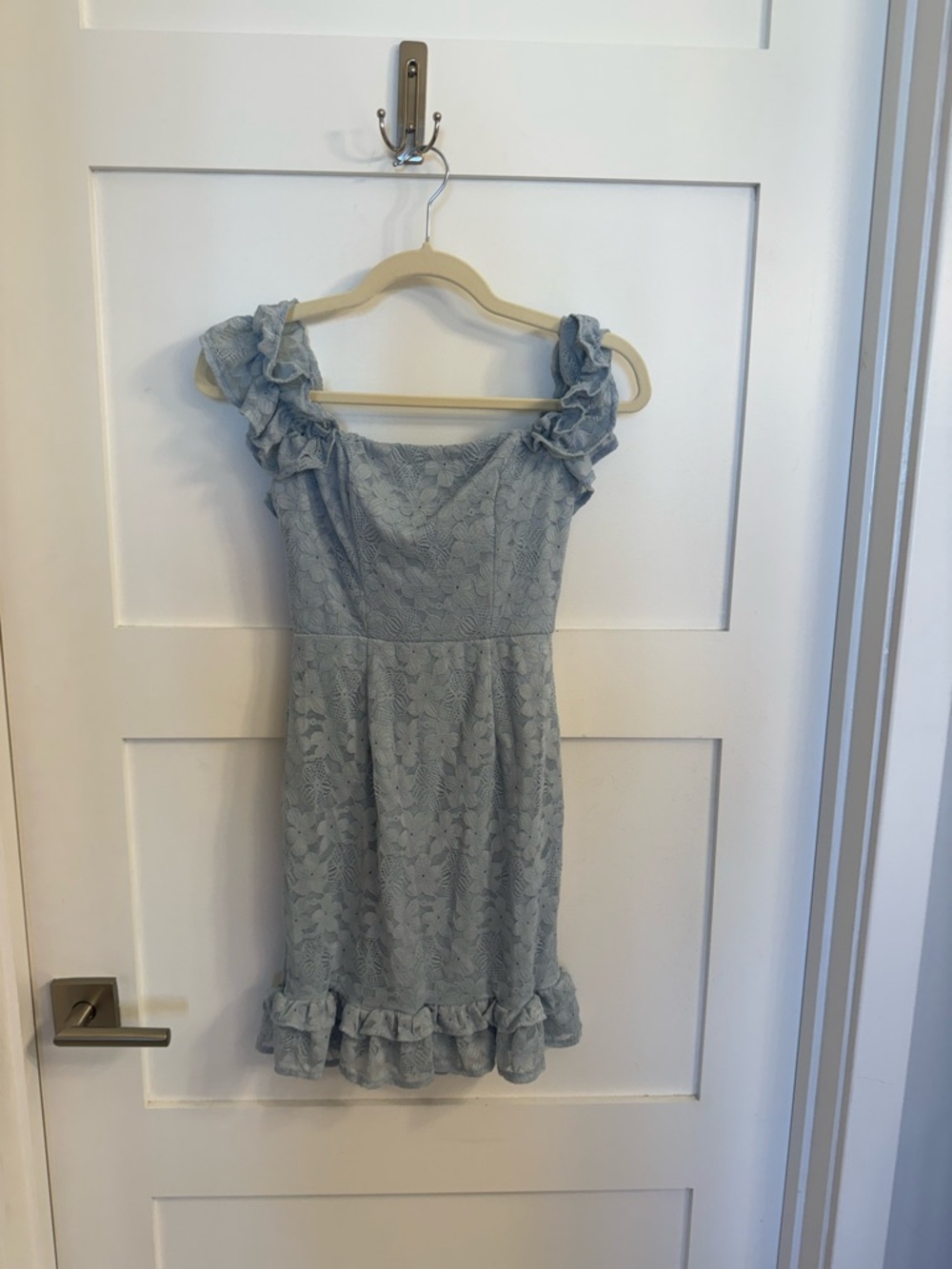 Selfie Leslie Verona Off-Shoulder Lace Overlay Mini Dress Blue - Picture 3 of 5